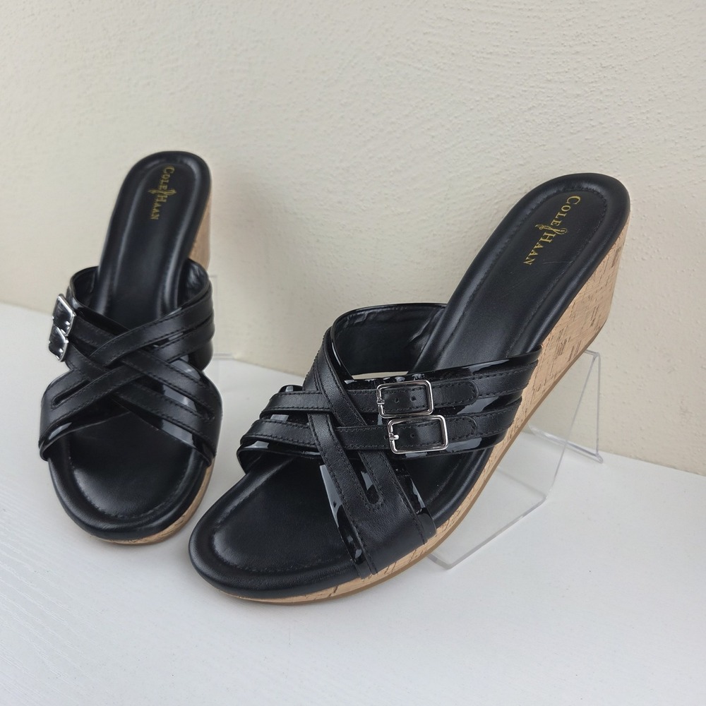Cole Haan‎ Black Leather and Patent Slip-On Wedge Sandalsl Women's Size 10 B